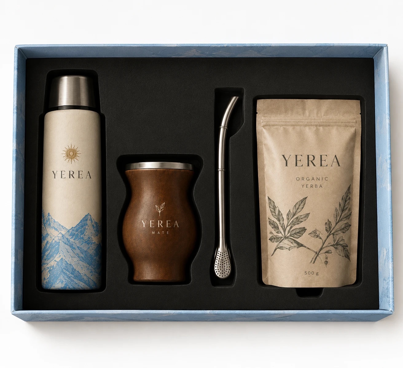 The Yerea Complete Ritual Set in its gift box: thermos, mate cup, bombilla and a 500 g pouch of yerba mate